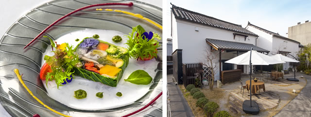 名古屋の「四間道レストランMATSUURA」で提供される「季節の農園野菜のテリーヌ」油蔵を改築して作られたフレンチレストラン「四間道レストランMATSUURA」の外観