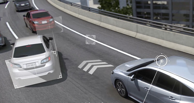 高速道路での渋滞時に前のクルマや白線を認識するSUBARUの先進安全技術アイサイトX